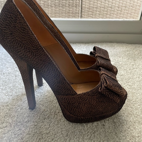 Fendi Brown Deco Textured Suede Peep Toe Bow Platform Pumps Size 37.5 - Picture 5 of 7